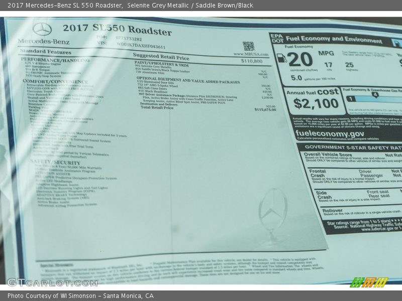  2017 SL 550 Roadster Window Sticker