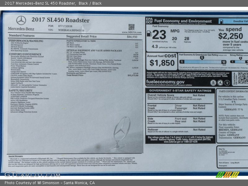  2017 SL 450 Roadster Window Sticker