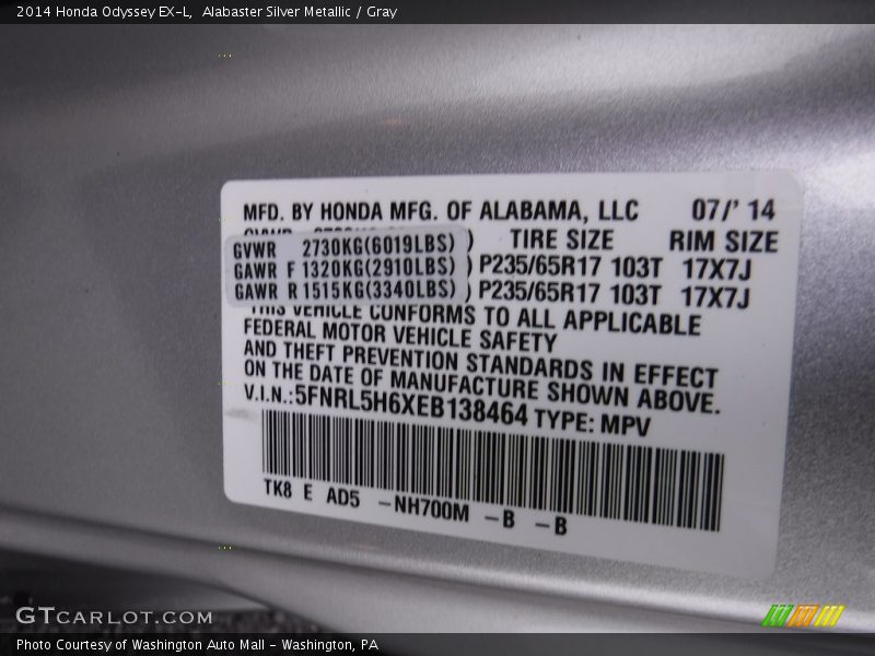 Alabaster Silver Metallic / Gray 2014 Honda Odyssey EX-L