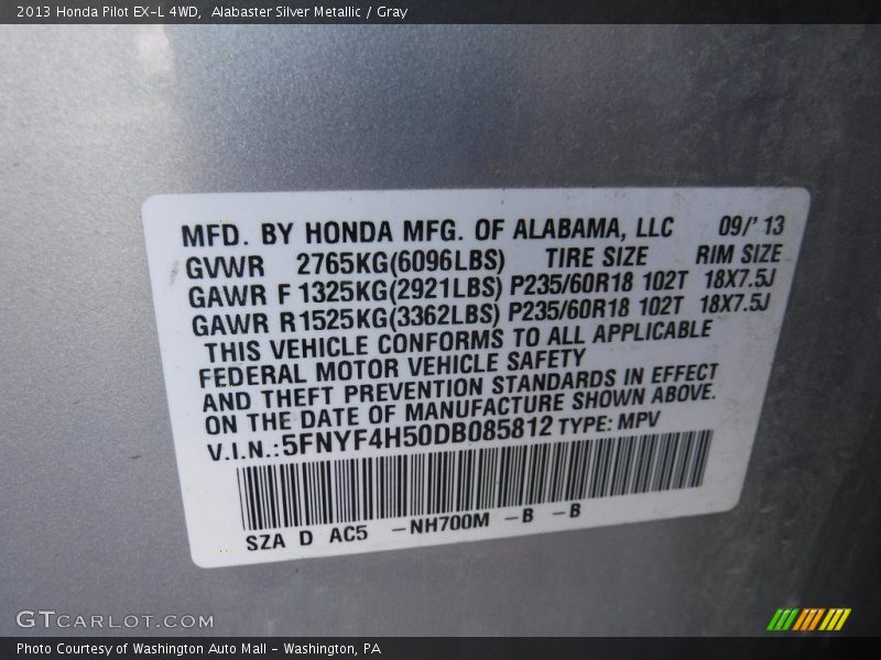 Alabaster Silver Metallic / Gray 2013 Honda Pilot EX-L 4WD