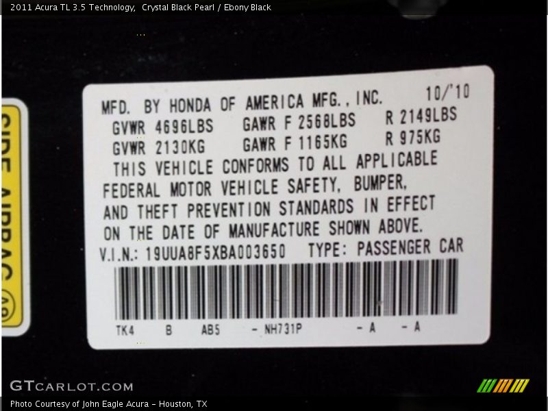Crystal Black Pearl / Ebony Black 2011 Acura TL 3.5 Technology