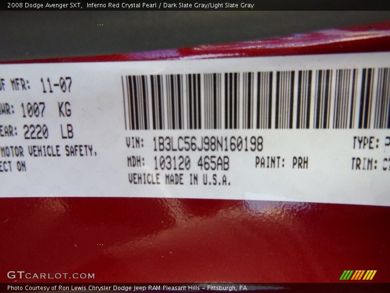 Inferno Red Crystal Pearl / Dark Slate Gray/Light Slate Gray 2008 Dodge Avenger SXT