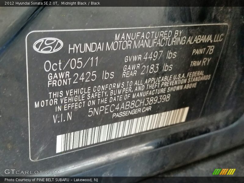 Midnight Black / Black 2012 Hyundai Sonata SE 2.0T