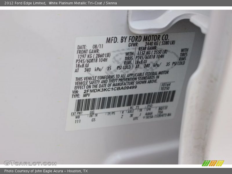 White Platinum Metallic Tri-Coat / Sienna 2012 Ford Edge Limited