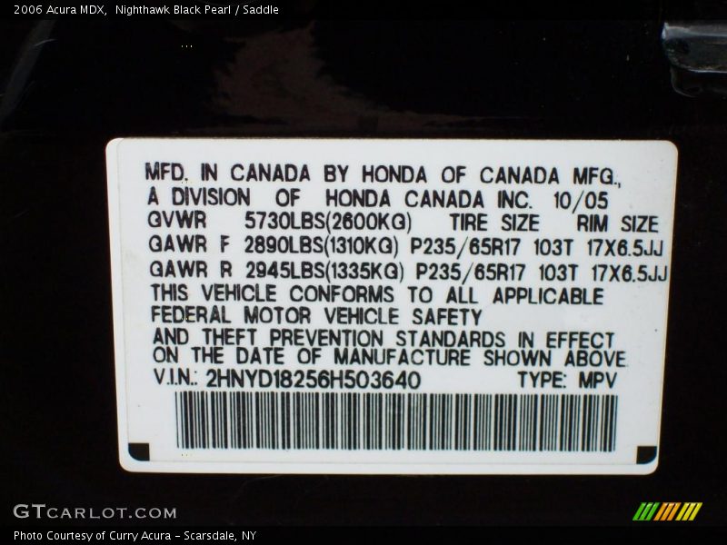 Nighthawk Black Pearl / Saddle 2006 Acura MDX