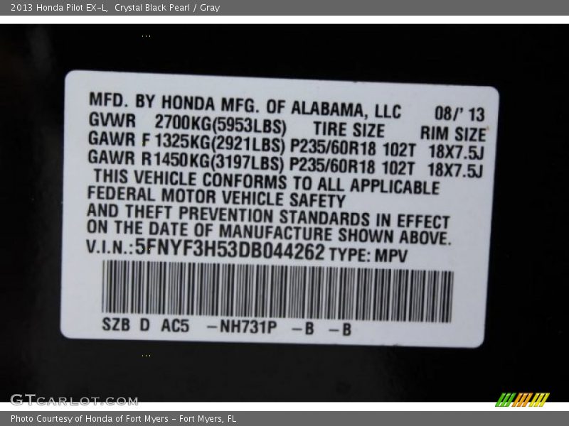 Crystal Black Pearl / Gray 2013 Honda Pilot EX-L