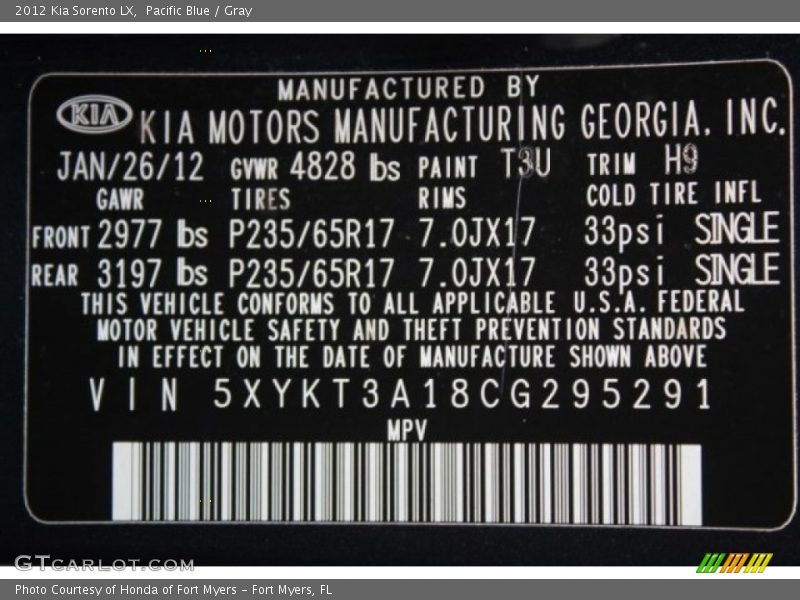 Pacific Blue / Gray 2012 Kia Sorento LX