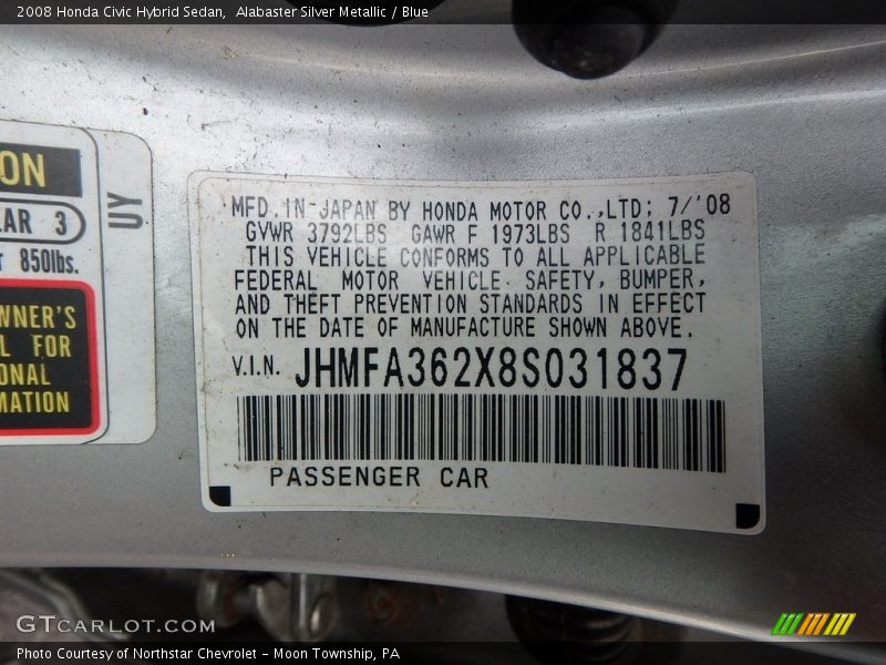 Alabaster Silver Metallic / Blue 2008 Honda Civic Hybrid Sedan