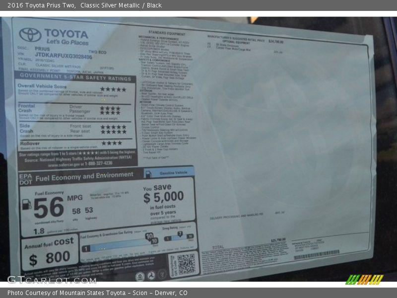 Classic Silver Metallic / Black 2016 Toyota Prius Two