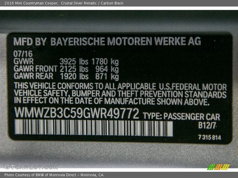 Crystal Silver Metallic / Carbon Black 2016 Mini Countryman Cooper