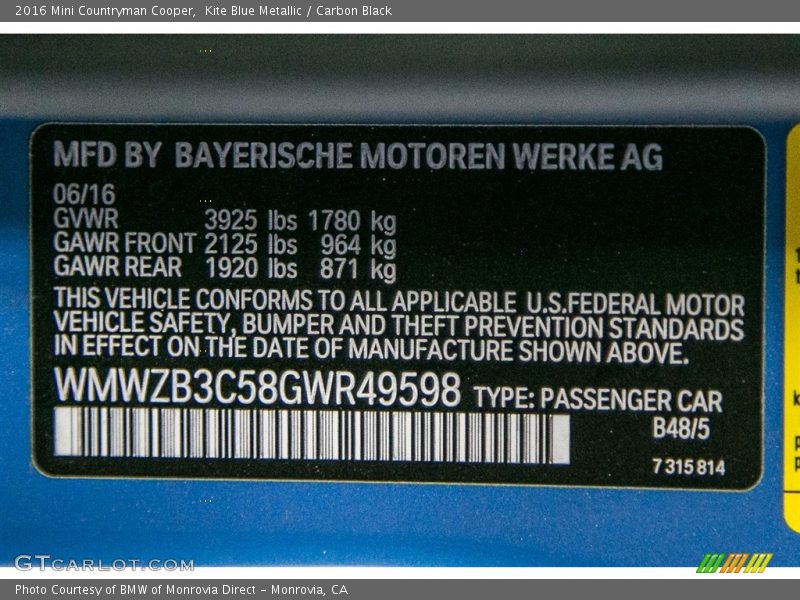 Kite Blue Metallic / Carbon Black 2016 Mini Countryman Cooper