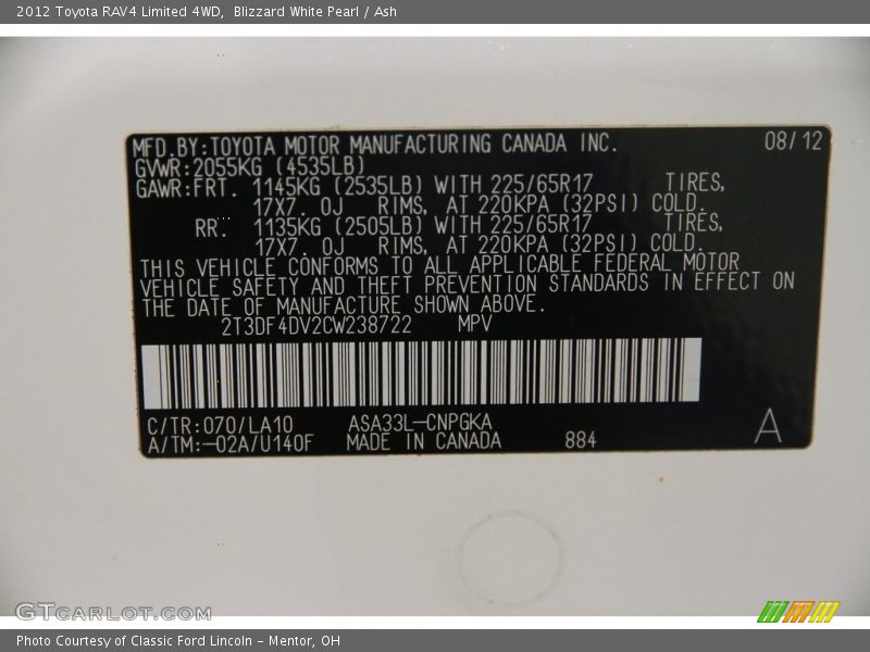 Blizzard White Pearl / Ash 2012 Toyota RAV4 Limited 4WD