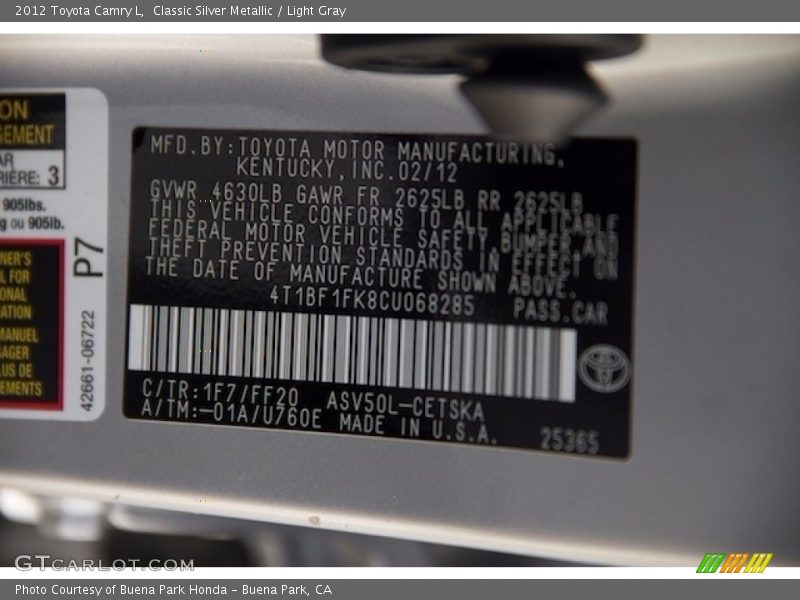 Classic Silver Metallic / Light Gray 2012 Toyota Camry L