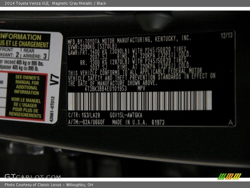 Magnetic Gray Metallic / Black 2014 Toyota Venza XLE