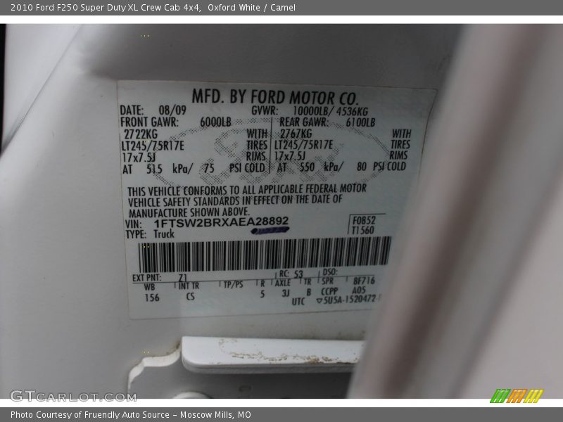 Oxford White / Camel 2010 Ford F250 Super Duty XL Crew Cab 4x4