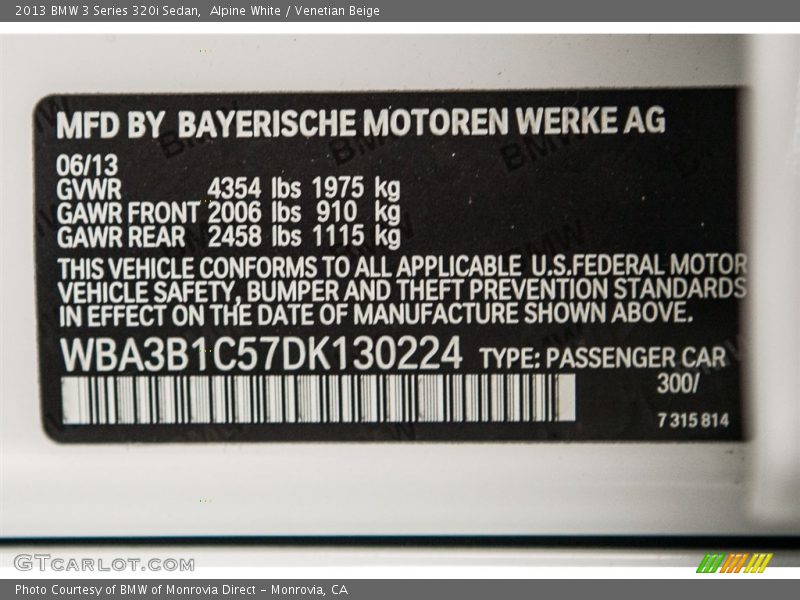 Alpine White / Venetian Beige 2013 BMW 3 Series 320i Sedan