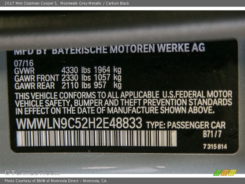 Moonwalk Grey Metallic / Carbon Black 2017 Mini Clubman Cooper S