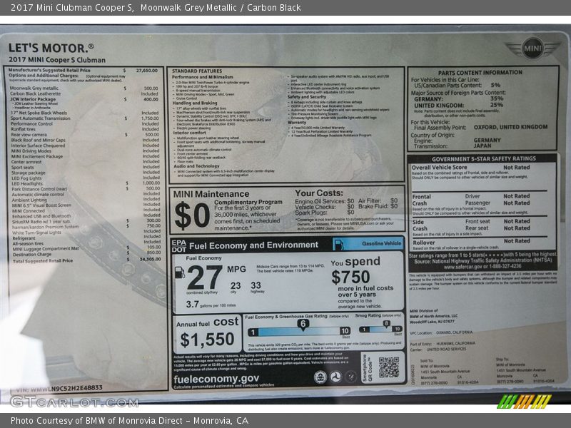 Moonwalk Grey Metallic / Carbon Black 2017 Mini Clubman Cooper S