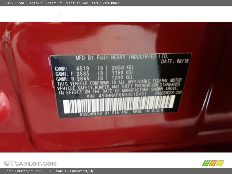Venetian Red Pearl / Slate Black 2017 Subaru Legacy 2.5i Premium