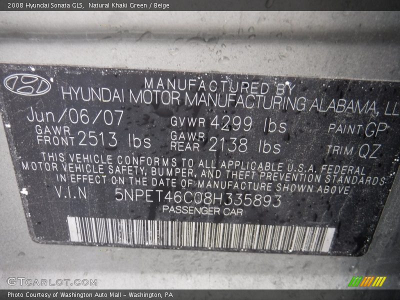 Natural Khaki Green / Beige 2008 Hyundai Sonata GLS