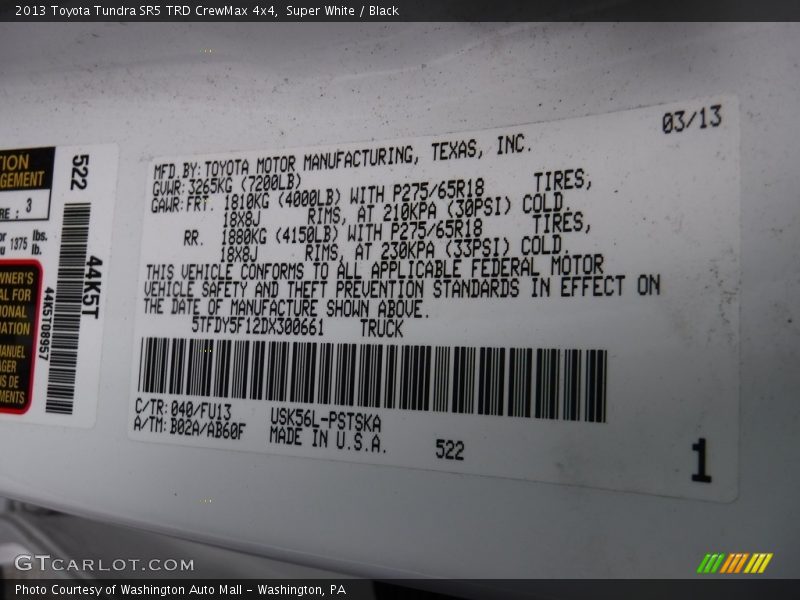 Super White / Black 2013 Toyota Tundra SR5 TRD CrewMax 4x4