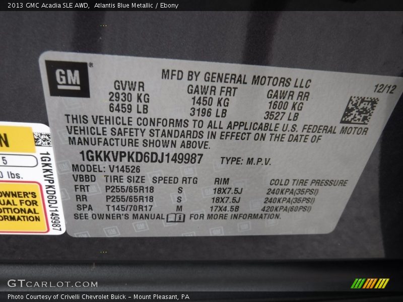Atlantis Blue Metallic / Ebony 2013 GMC Acadia SLE AWD