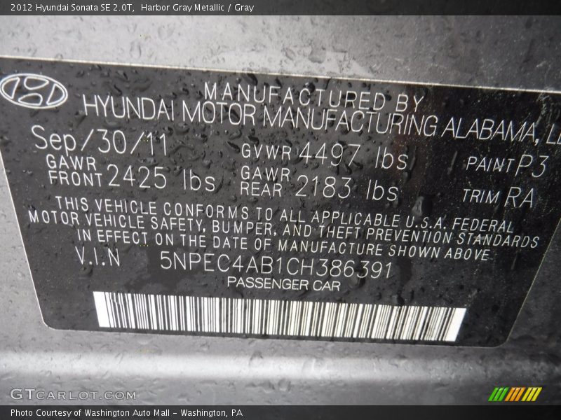 Harbor Gray Metallic / Gray 2012 Hyundai Sonata SE 2.0T