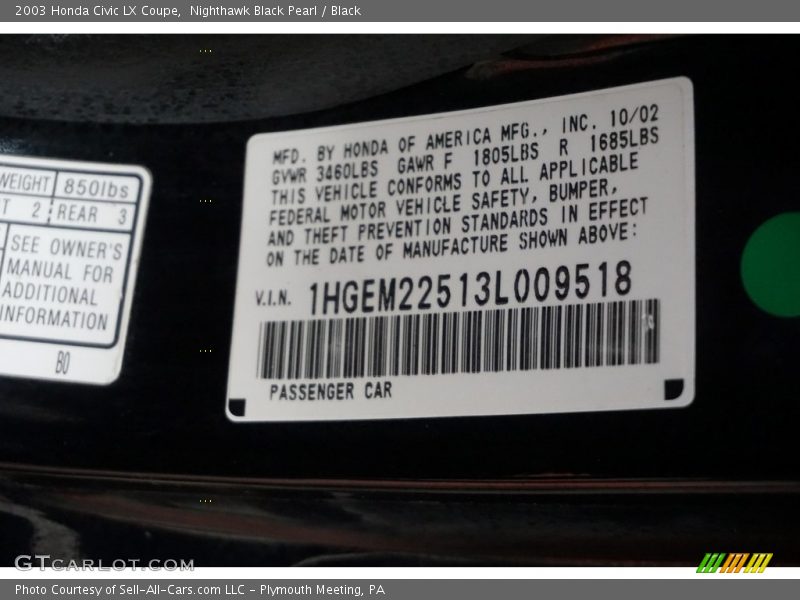 Nighthawk Black Pearl / Black 2003 Honda Civic LX Coupe
