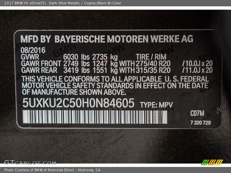 2017 X6 xDrive35i Dark Olive Metallic Color Code C07M