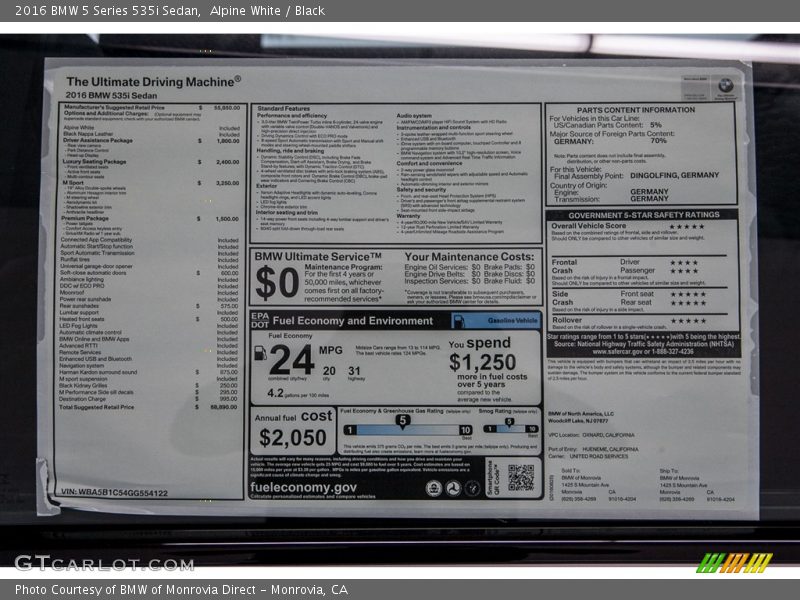 Alpine White / Black 2016 BMW 5 Series 535i Sedan