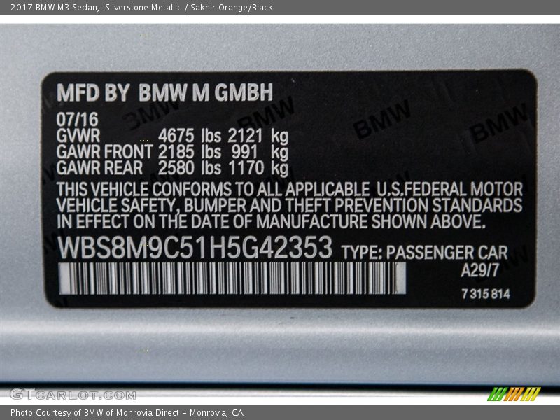 2017 M3 Sedan Silverstone Metallic Color Code A29