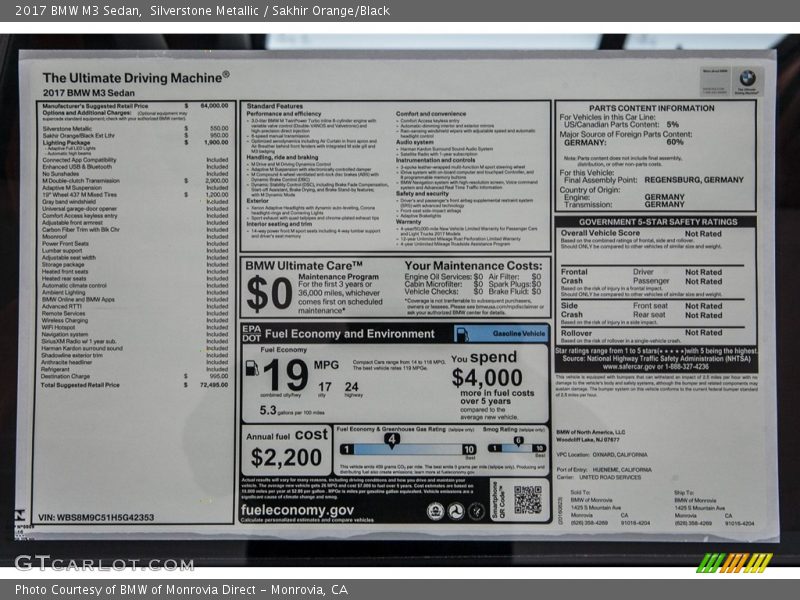  2017 M3 Sedan Window Sticker