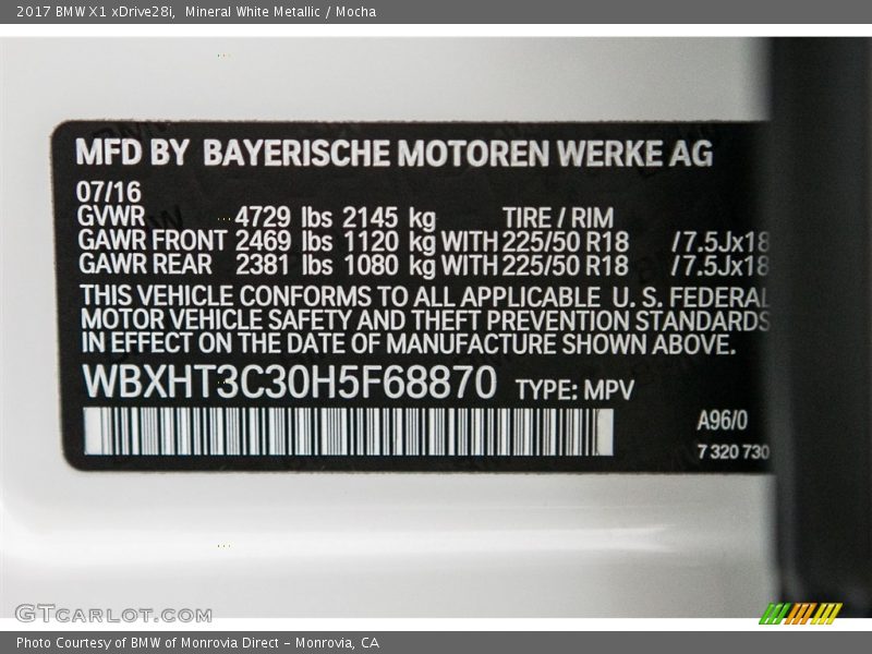 2017 X1 xDrive28i Mineral White Metallic Color Code A96