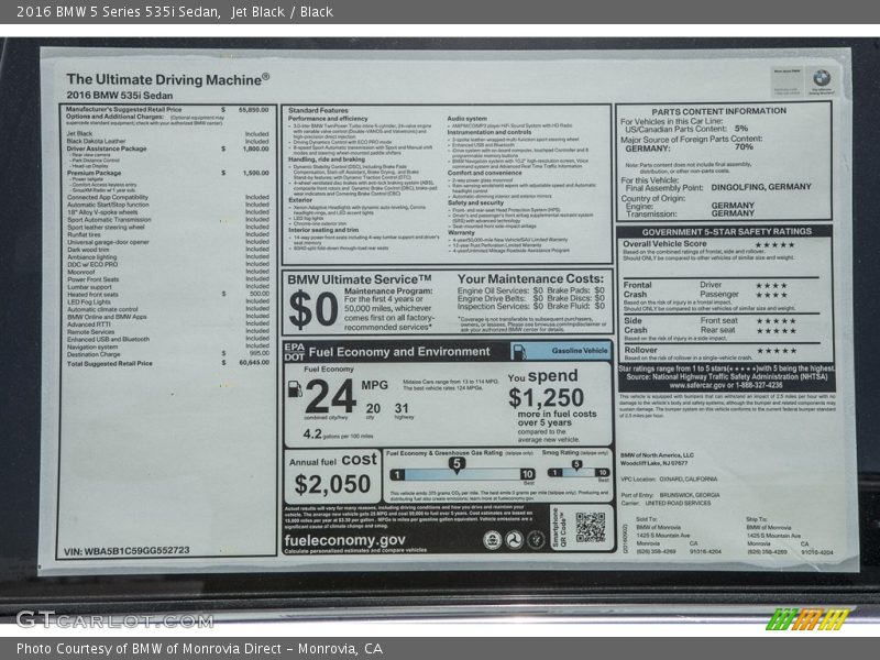 Jet Black / Black 2016 BMW 5 Series 535i Sedan