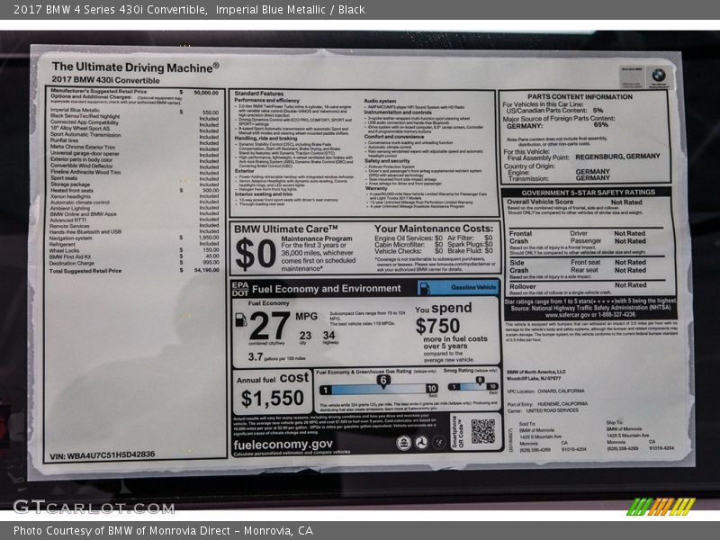  2017 4 Series 430i Convertible Window Sticker