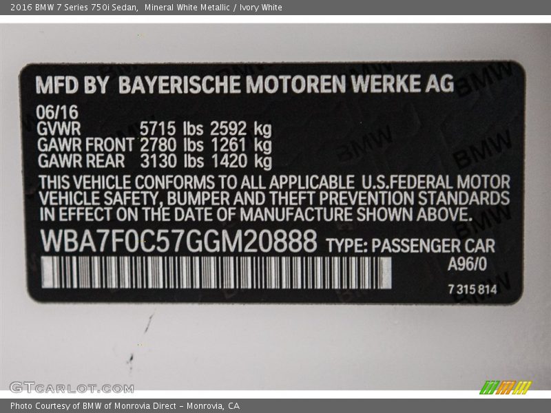 2016 7 Series 750i Sedan Mineral White Metallic Color Code A96