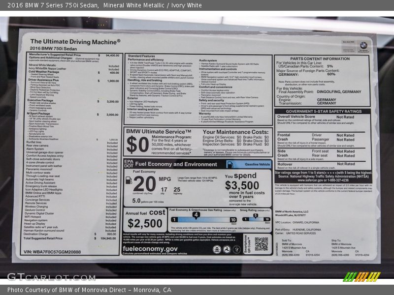  2016 7 Series 750i Sedan Window Sticker