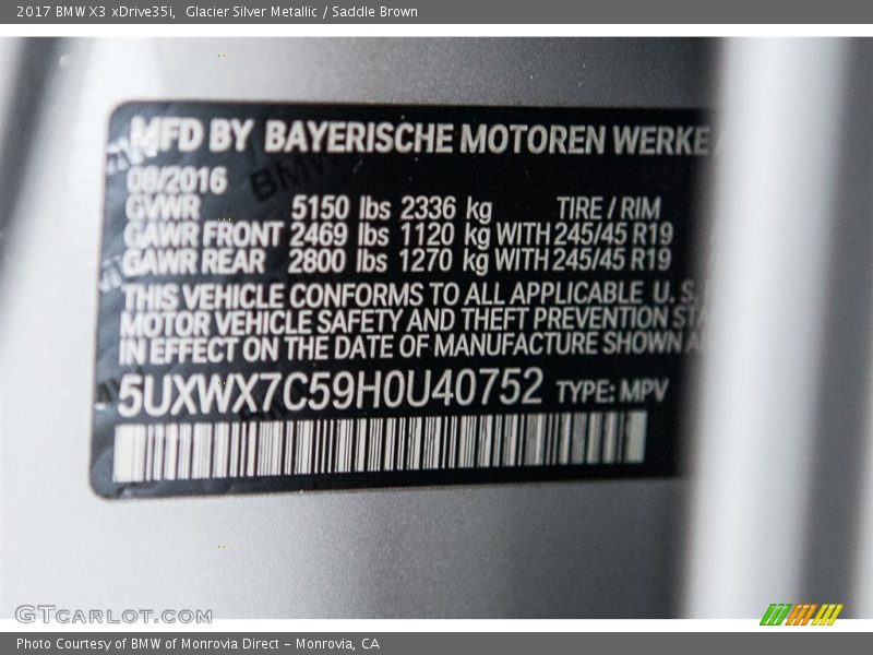 Glacier Silver Metallic / Saddle Brown 2017 BMW X3 xDrive35i