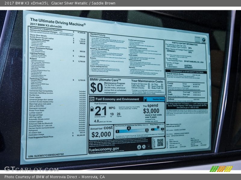 Glacier Silver Metallic / Saddle Brown 2017 BMW X3 xDrive35i