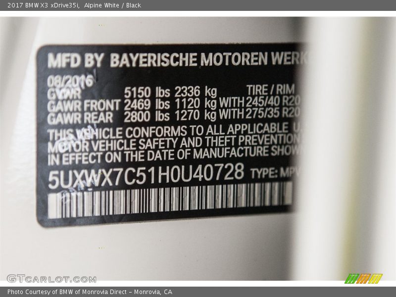 Alpine White / Black 2017 BMW X3 xDrive35i