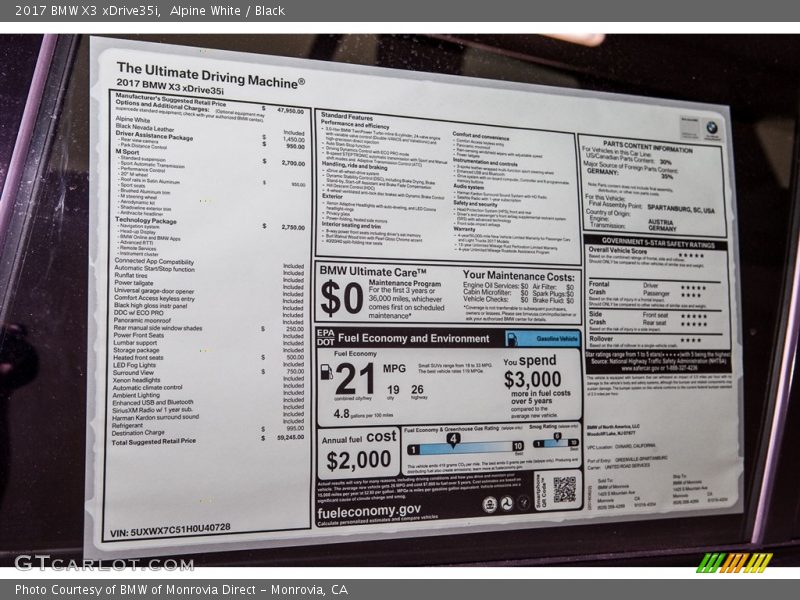 Alpine White / Black 2017 BMW X3 xDrive35i