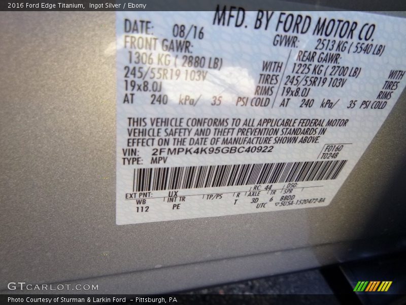Ingot Silver / Ebony 2016 Ford Edge Titanium