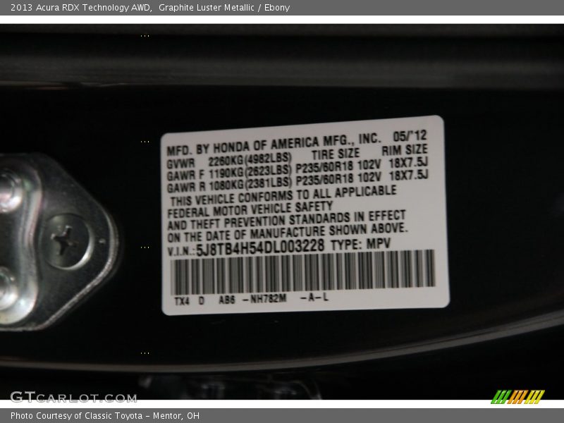 Graphite Luster Metallic / Ebony 2013 Acura RDX Technology AWD