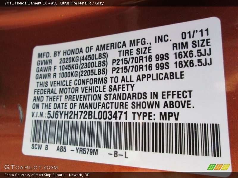 Citrus Fire Metallic / Gray 2011 Honda Element EX 4WD