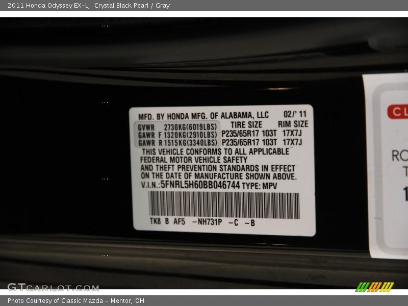 Crystal Black Pearl / Gray 2011 Honda Odyssey EX-L