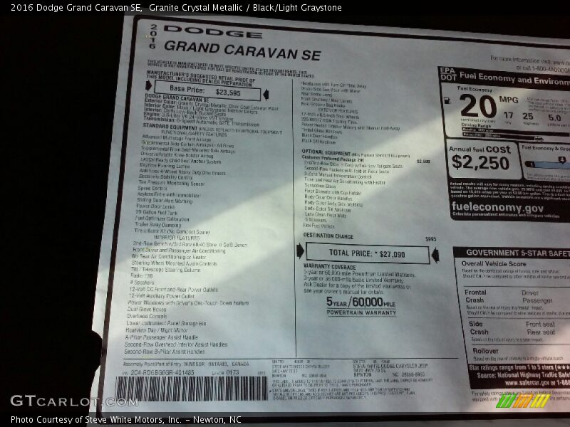 Granite Crystal Metallic / Black/Light Graystone 2016 Dodge Grand Caravan SE