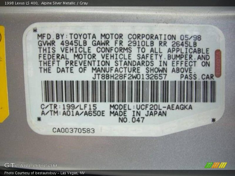 Alpine Silver Metallic / Gray 1998 Lexus LS 400