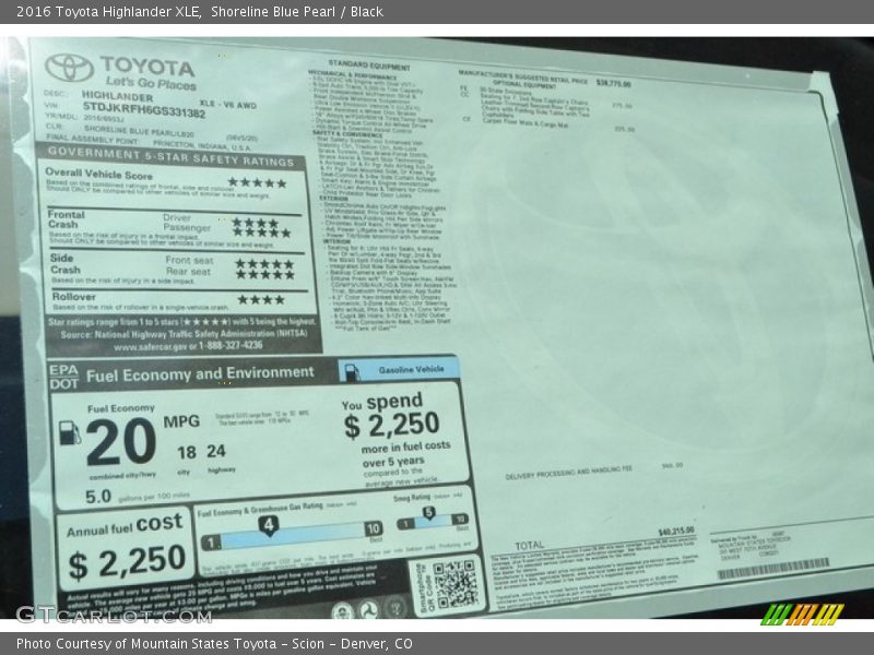 Shoreline Blue Pearl / Black 2016 Toyota Highlander XLE