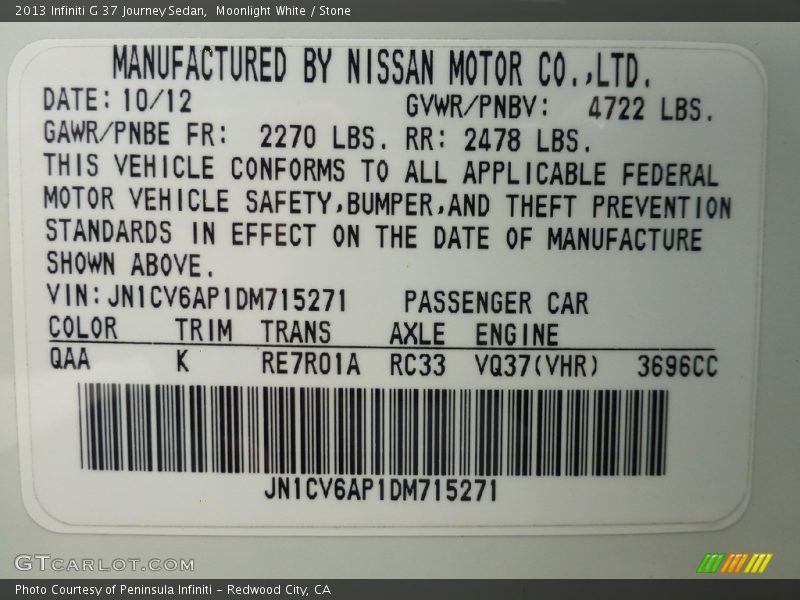 Moonlight White / Stone 2013 Infiniti G 37 Journey Sedan
