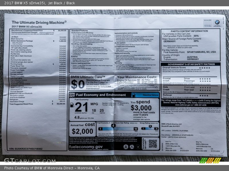  2017 X5 sDrive35i Window Sticker
